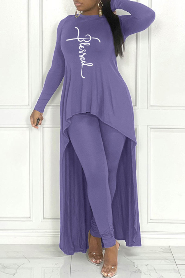 Purple Casual Print Asymmetrical O Neck Long Sleeve Two Pieces