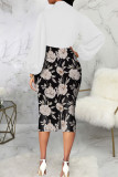 Purple Casual Elegant Print Patchwork With Bow Half A Turtleneck One Step Skirt Dresses