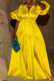 Yellow Casual Elegant Solid Patchwork Buckle Turndown Collar A Line Dresses