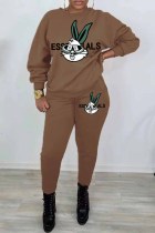 Brown Casual Character Print Letter O Neck Long Sleeve Two Pieces