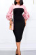 Pink Casual Patchwork Slit Contrast O Neck Pencil Skirt Dresses