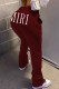 Burgundy Casual Print Letter Straight Mid Waist Bottoms