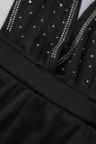 Black Sexy Solid Tassel Patchwork Backless Hot Drill Halter Sleeveless Two Pieces