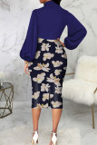 Rose Red Casual Elegant Print Patchwork With Bow Half A Turtleneck One Step Skirt Dresses