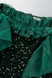 Ink Green Elegant Solid Sequins Patchwork Slit Off the Shoulder Evening Dress Dresses