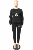 Black Casual Character Print Letter O Neck Long Sleeve Two Pieces
