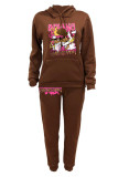 Brown Casual Print Patchwork Hooded Collar Long Sleeve Two Pieces