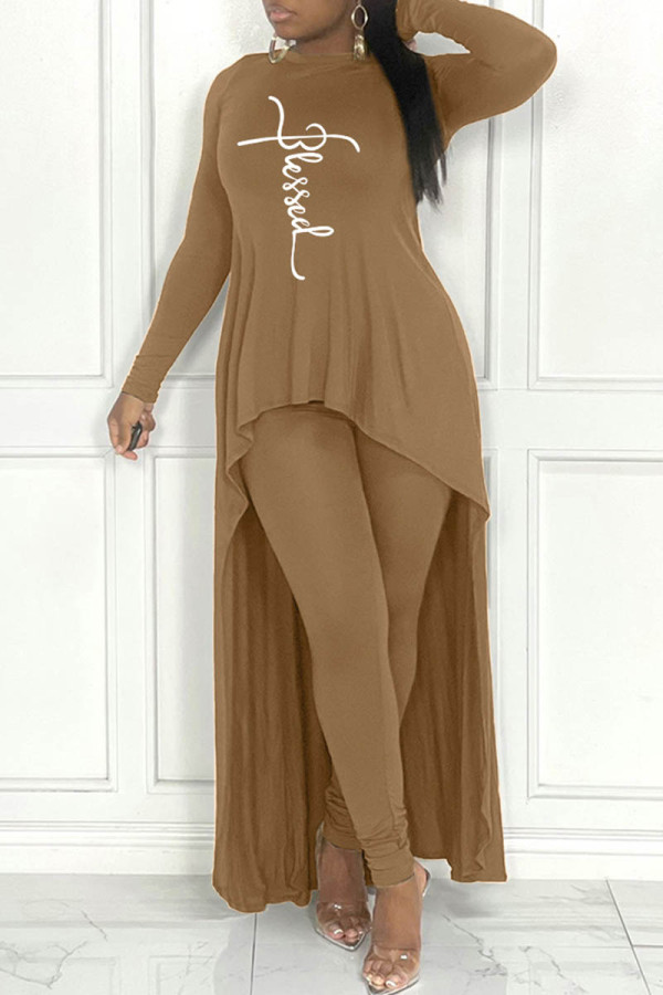 Khaki Casual Print Asymmetrical O Neck Long Sleeve Two Pieces
