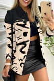 Apricot Casual Print Patchwork Buckle Turndown Collar Outerwear