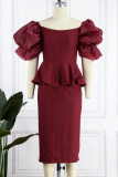 Burgundy Sexy Formal Solid Patchwork Slit Off the Shoulder Evening Dress Dresses