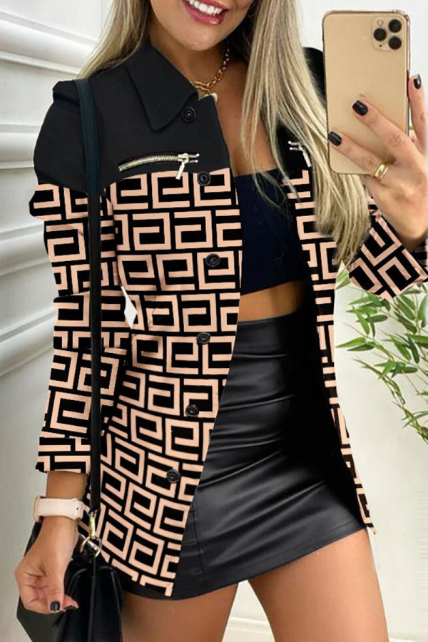 Brown Casual Print Patchwork Buckle Turndown Collar Outerwear