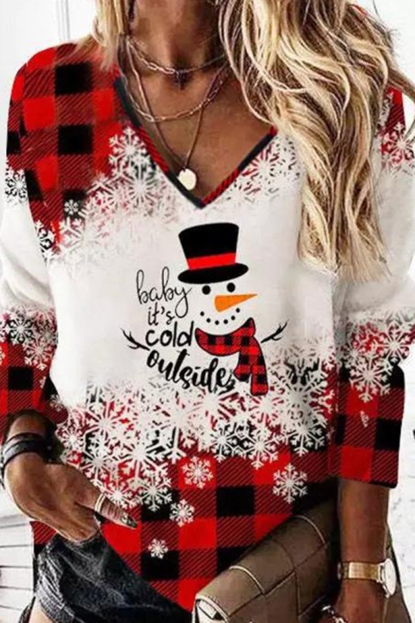 Red Casual Print Basic V Neck Tops