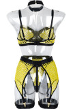 Yellow Sexy Solid Hollowed Out Patchwork Lingerie(Four Pieces)
