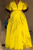 Yellow Casual Elegant Solid Patchwork Buckle Turndown Collar A Line Dresses