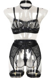 Black Sexy Solid Hollowed Out Patchwork Lingerie(Four Pieces)