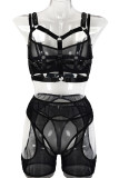Black Sexy Solid Patchwork See-through Valentines Day Lingerie(Four Pieces)