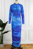 Blue Casual Print Basic V Neck Long Sleeve Dresses