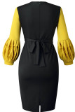 Blue Casual Patchwork Slit Contrast O Neck Pencil Skirt Dresses