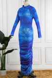 Blue Casual Print Basic V Neck Long Sleeve Dresses