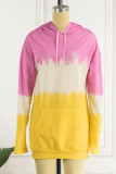 Yellow Pink Casual Print Patchwork Hooded Collar T-shirt Dress Dresses