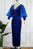 Blue Formal Solid Patchwork Slit V Neck One Step Skirt Dresses