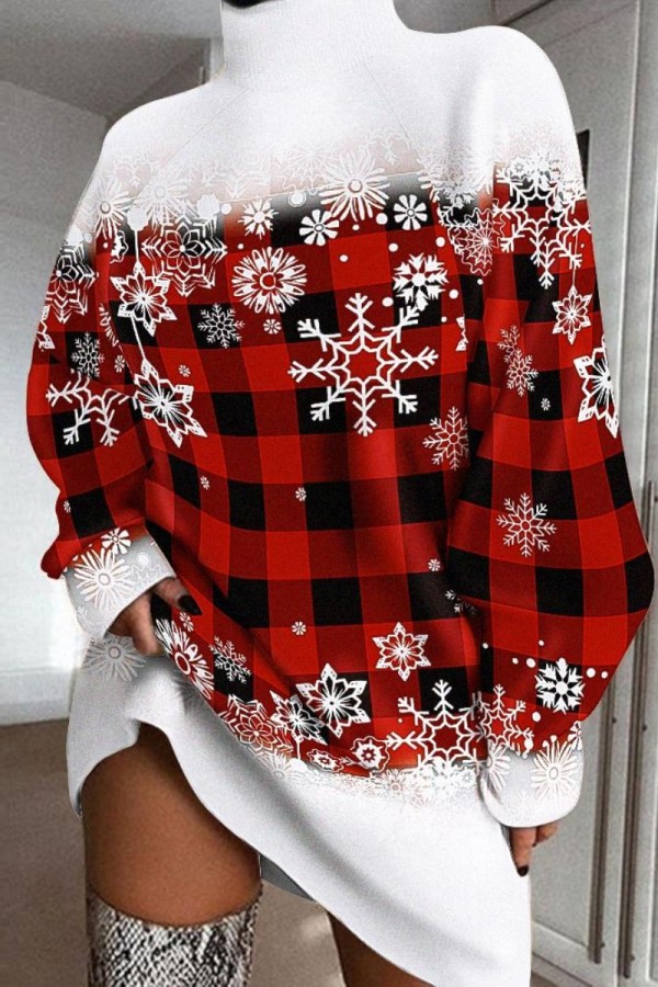Red Casual Print Patchwork Turtleneck Long Sleeve Dresses