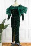 Ink Green Elegant Solid Sequins Patchwork Slit Off the Shoulder Evening Dress Dresses