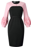 Blue Casual Patchwork Slit Contrast O Neck Pencil Skirt Dresses