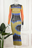Colour Sexy Print Patchwork O Neck One Step Skirt Dresses