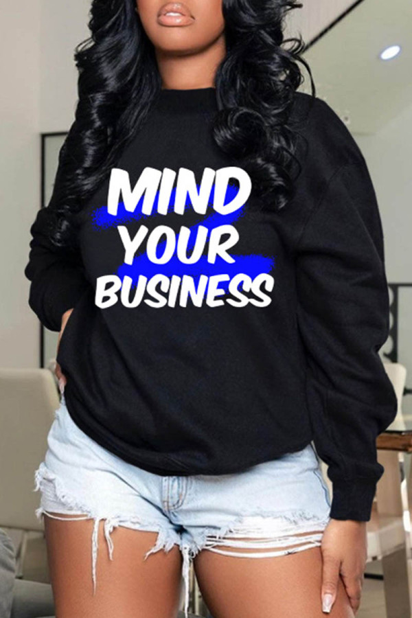 Black Casual Letter Print Basic O Neck Tops