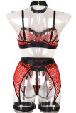 Red Sexy Solid Hollowed Out Patchwork Lingerie(Four Pieces)