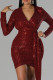 Burgundy Sexy Solid Sequins Patchwork Asymmetrical V Neck One Step Skirt Dresses