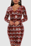 Green Sexy Sequins Patchwork V Neck One Step Skirt Dresses