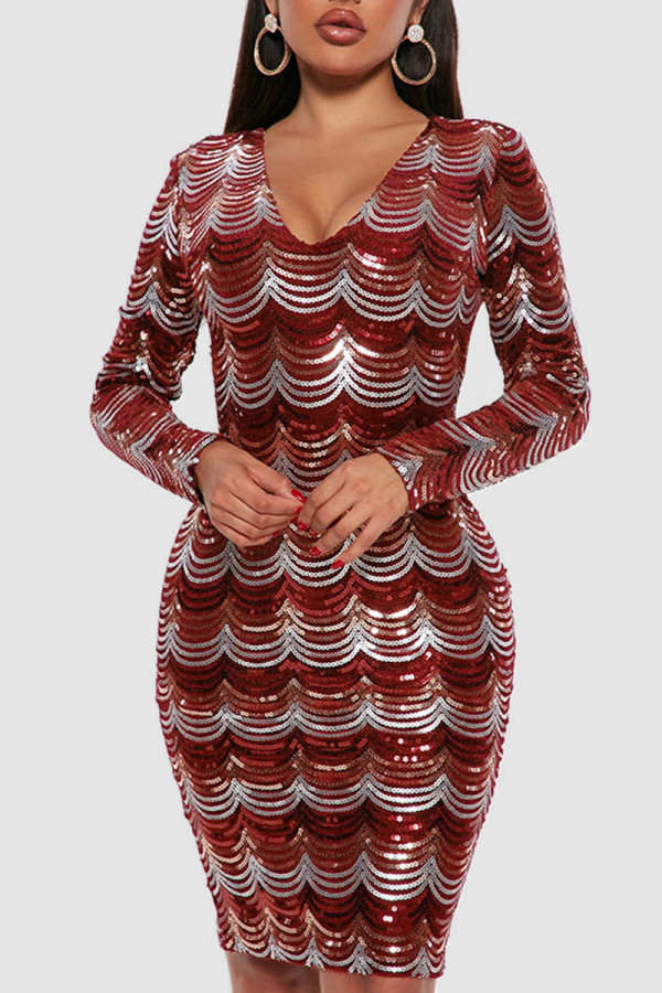 Burgundy Sexy Sequins Patchwork V Neck One Step Skirt Dresses