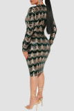Green Sexy Sequins Patchwork V Neck One Step Skirt Dresses