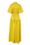 Yellow Casual Elegant Solid Patchwork Buckle Turndown Collar A Line Dresses