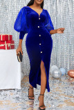 Blue Formal Solid Patchwork Slit V Neck One Step Skirt Dresses