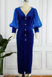 Blue Formal Solid Patchwork Slit V Neck One Step Skirt Dresses