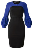 Blue Casual Patchwork Slit Contrast O Neck Pencil Skirt Dresses