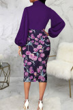 Blue Casual Elegant Print Patchwork With Bow Half A Turtleneck One Step Skirt Dresses