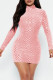 Pink Sexy Solid Sequins Patchwork Half A Turtleneck Pencil Skirt Dresses