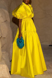Yellow Casual Elegant Solid Patchwork Buckle Turndown Collar A Line Dresses