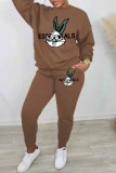 Grey Casual Character Print Letter O Neck Long Sleeve Two Pieces