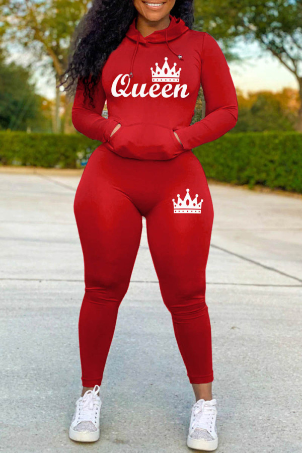 Red Casual Letter Print Basic Hooded Collar Long Sleeve Two Pieces