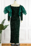 Ink Green Elegant Solid Sequins Patchwork Slit Off the Shoulder Evening Dress Dresses