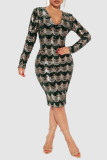 Green Sexy Sequins Patchwork V Neck One Step Skirt Dresses