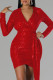 Red Sexy Solid Sequins Patchwork Asymmetrical V Neck One Step Skirt Dresses