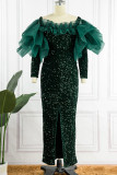 Ink Green Elegant Solid Sequins Patchwork Slit Off the Shoulder Evening Dress Dresses