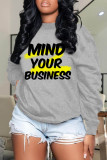 Grey Casual Letter Print Basic O Neck Tops