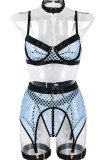 Light Blue Sexy Solid Hollowed Out Patchwork Lingerie(Four Pieces)